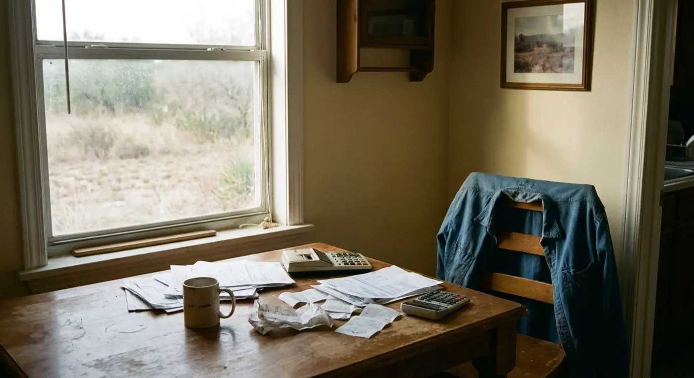 A kitchen table covered in bank statements, receipts and a calculator